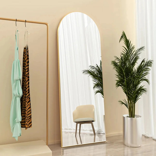 Espejo Decorativo Funcional De Pie Ovalado Con Borde Dorado