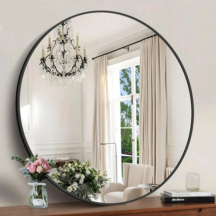 Espejo Circular Redondo De Pared Con Marco Metálico Negro