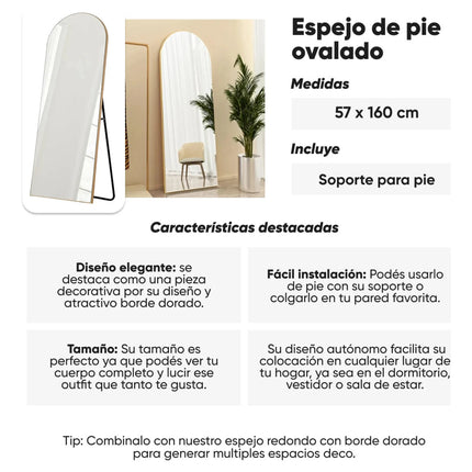 Espejo Decorativo Funcional De Pie Ovalado Con Borde Dorado